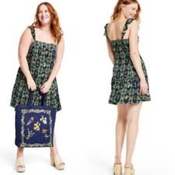 Agua Bendita Target Dainty Floral Tile Navy Flutter Sleeve Mini Dress 2X EUC - Picture 1 of 9